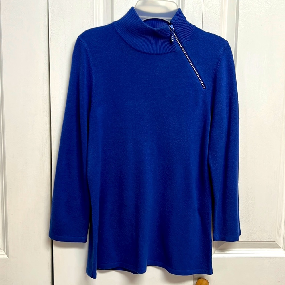 Vintage Luxe 360 Mid Sleeve Rhinestone Side Neck Zip Collar Acrylic Knit Top S